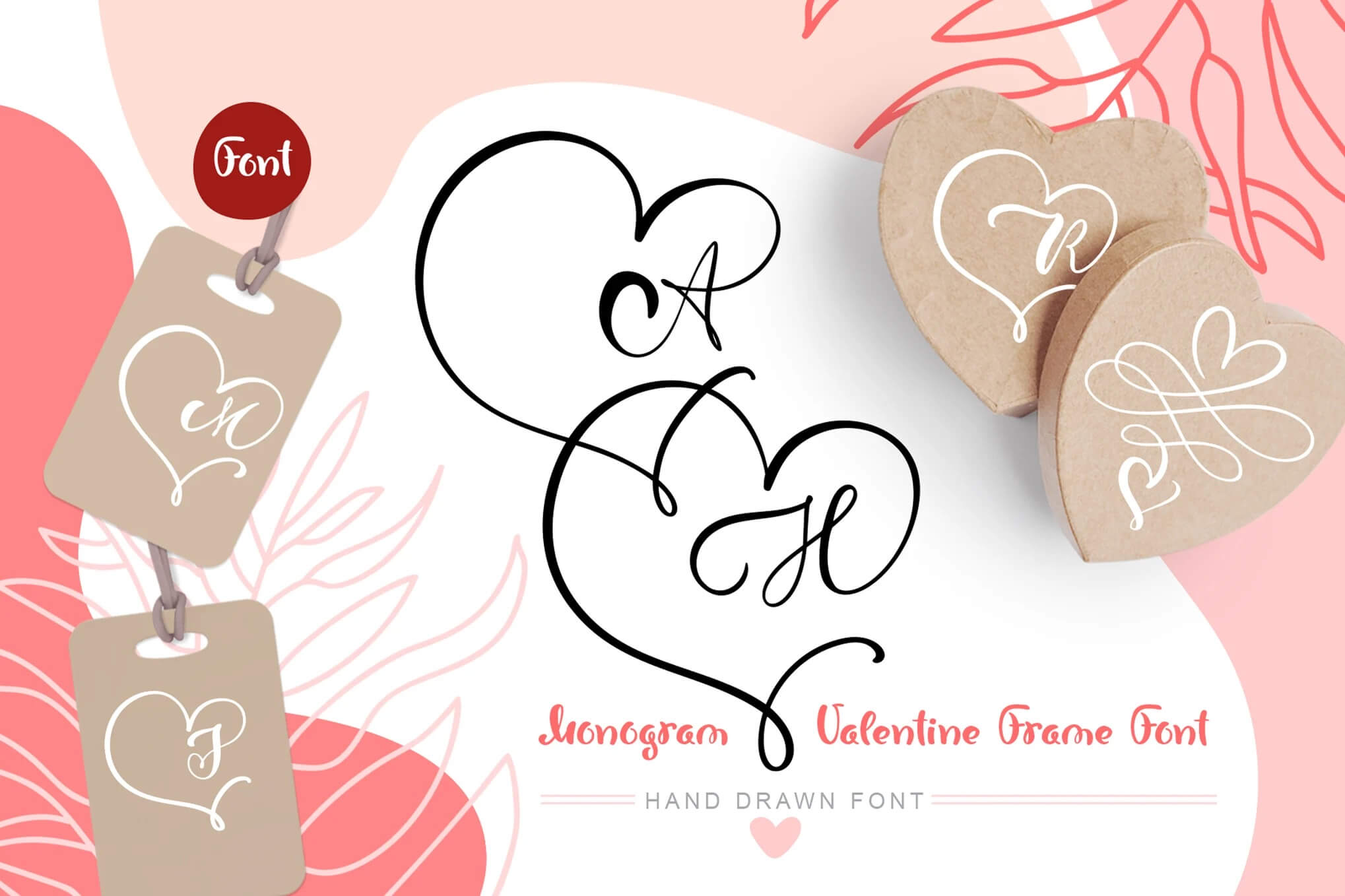 Heart-shaped monograms and tags showcase a hand-drawn Valentine's frame font, adorned with decorative swirls and elegant lettering, on a pink background.