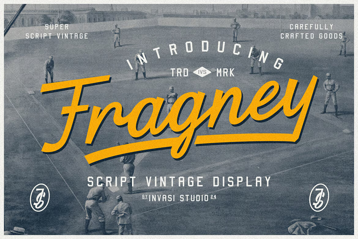17 Fonts With Tails: Swash Fonts for Cricut 16 Vintage baseball illustration with players on field, featuring the bold, yellow text "Fragney" in script style. Promotes a script vintage display font.