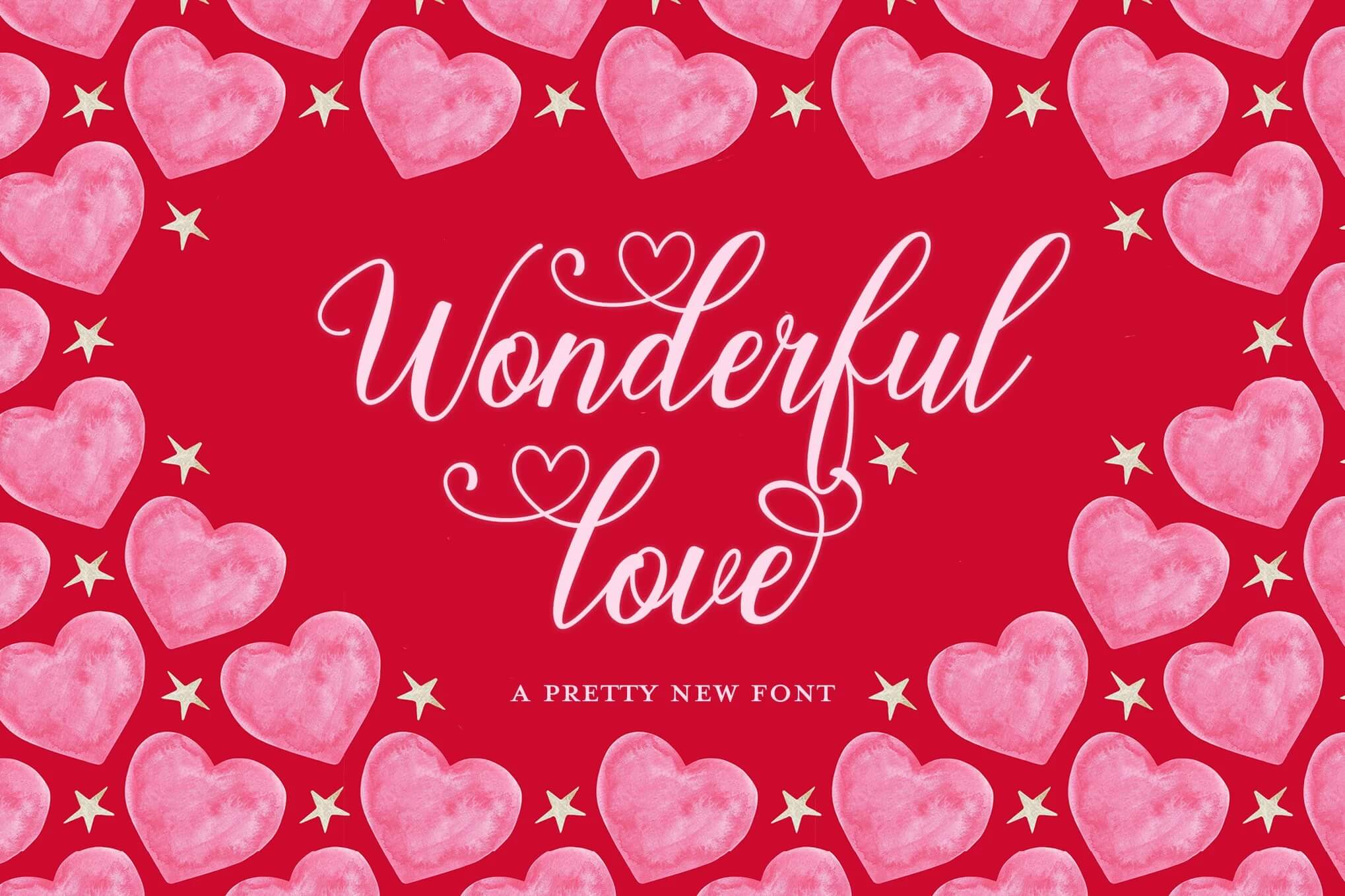 Red background with the words "Wonderful love" surrounded by pink hearts and stars, showcasing a decorative font design.
