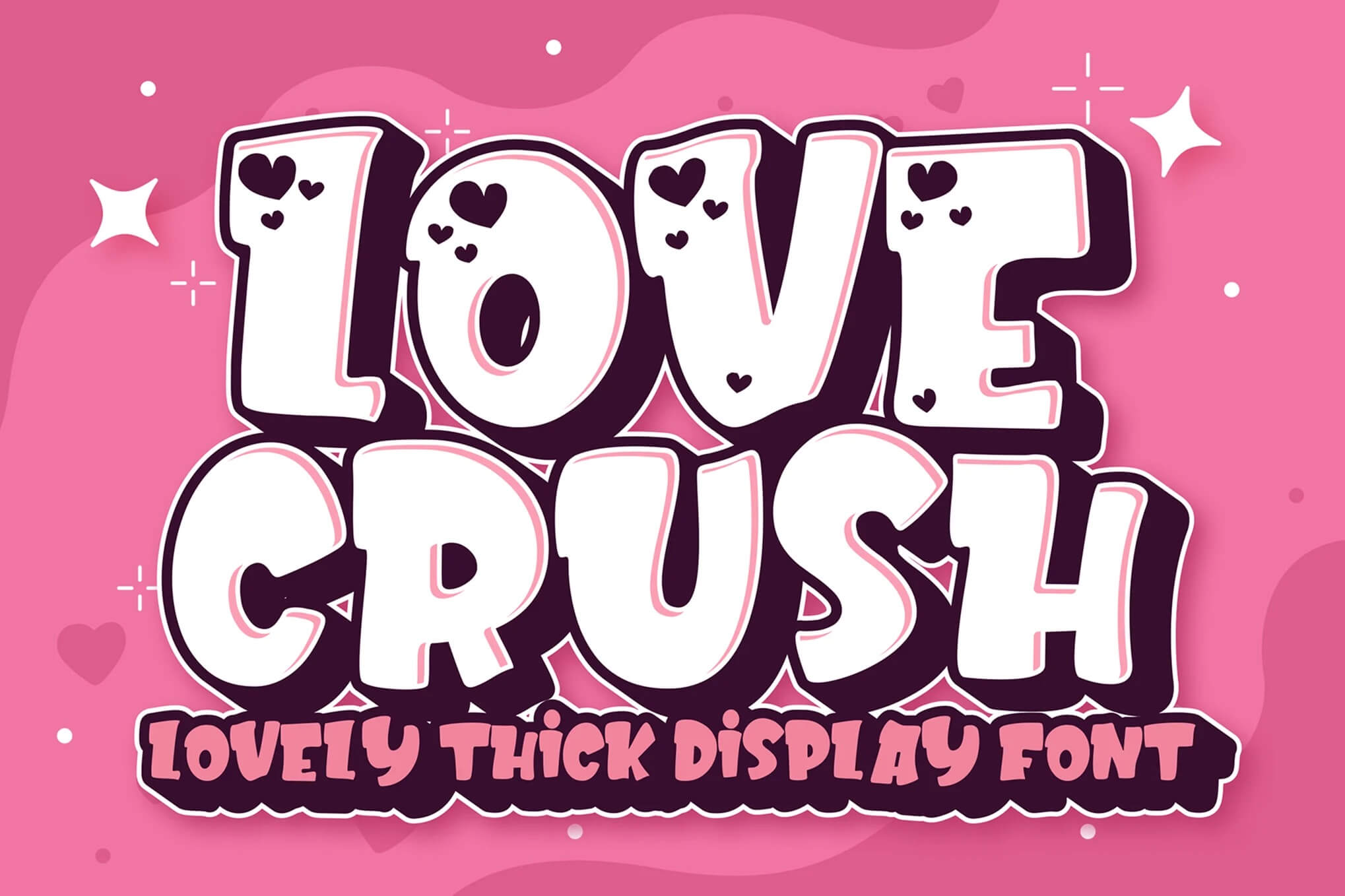 Colorful, bubbly, pink-themed design featuring playful text "LOVE CRUSH" with heart motifs and stars, promoting a lovely thick display font.