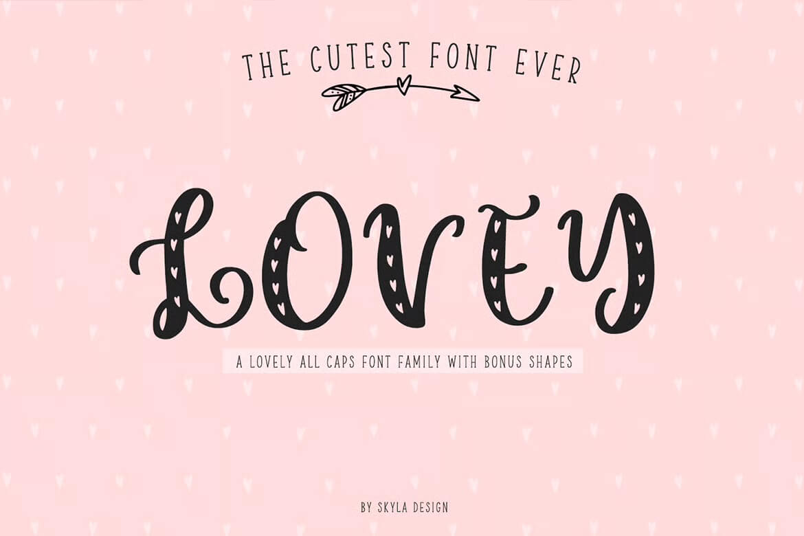 Pink background showcasing the "Lovey" font in playful letters, described as "the cutest font ever" with bonus shapes.