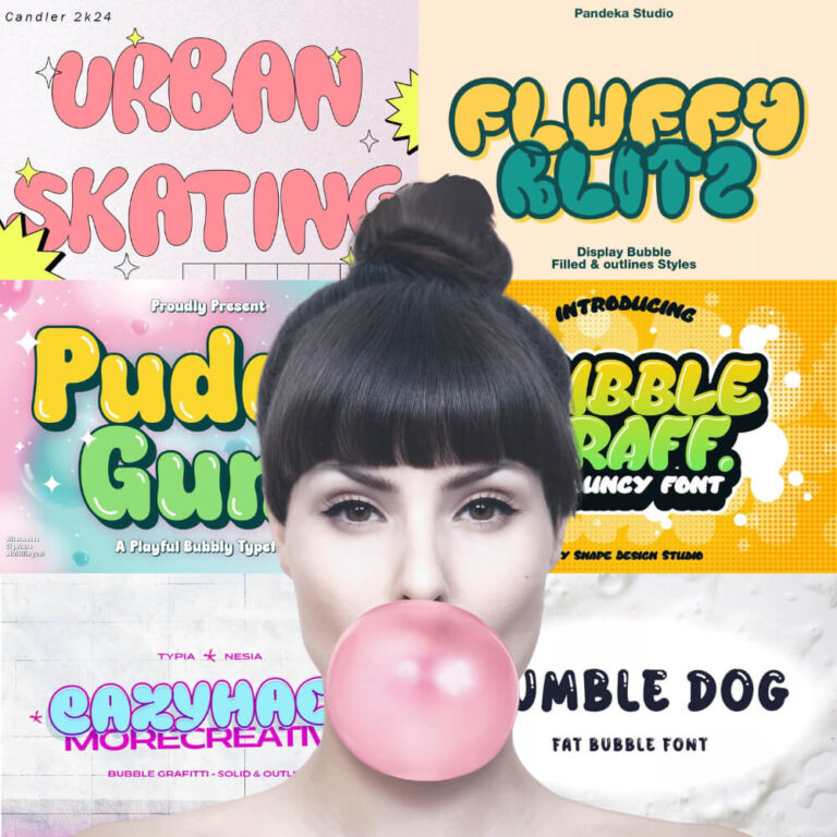 A person with a pink bubblegum bubble is surrounded by colorful, playful typography designs with various bubble-inspired fonts.