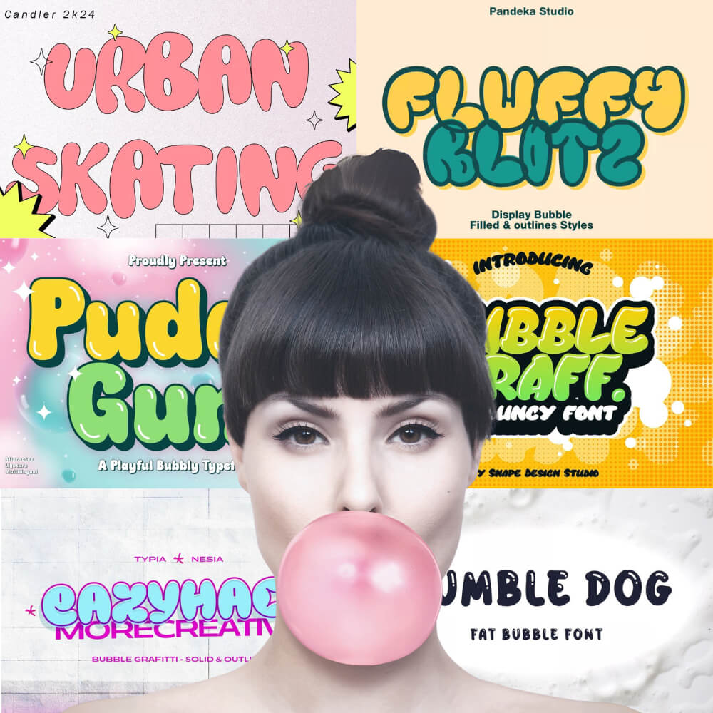 A person with a pink bubblegum bubble is surrounded by colorful, playful typography designs with various bubble-inspired fonts.