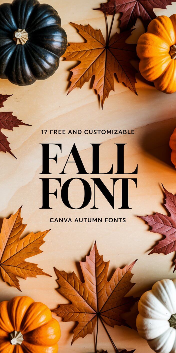 17 Free and Customizable Fall Font Design: Canva Autumn Fonts 2 Autumn-themed image featuring pumpkins and leaves surrounding text promoting 17 free, customizable fall fonts by Canva on a wooden background.