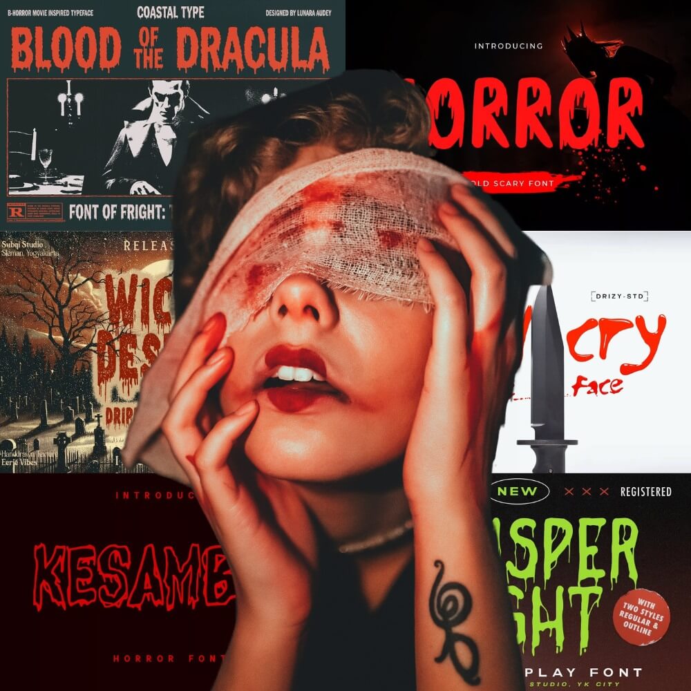 A person with bloodied bandages over eyes is surrounded by horror-themed fonts and images, featuring text like "Blood of the Dracula" and "Horror."