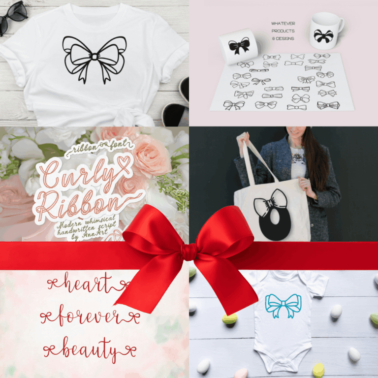 Collage featuring bow designs on various items: shirt, tote, and mug. Includes a person holding a bag, fitting a playful, elegant theme.
