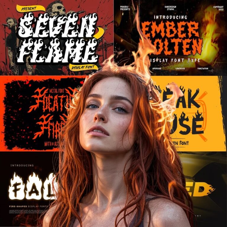 A person with fiery hair is surrounded by bold, flame-themed typography, featuring various display font designs in a vivid and energetic style.