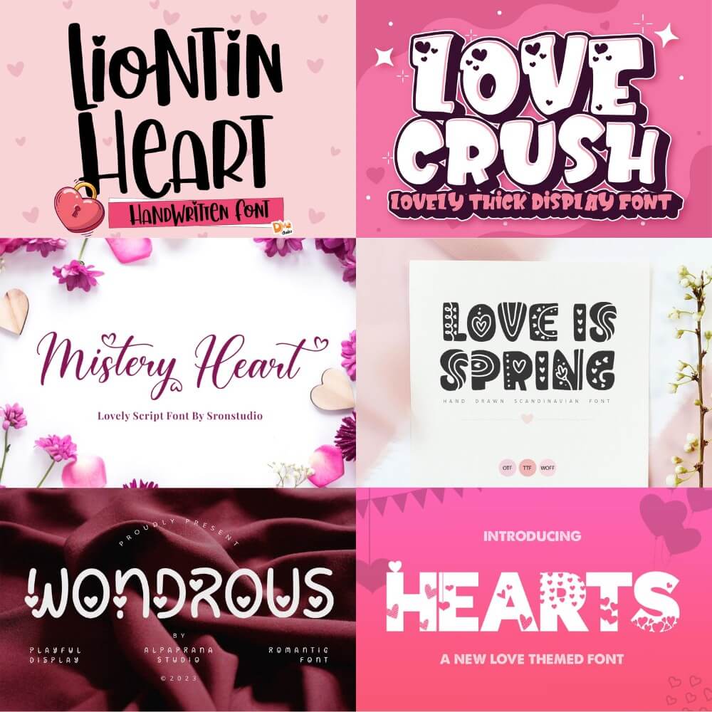 A collage of romantic-themed fonts: "Liontin Heart," "Love Crush," "Mistery Heart," "Love Is Spring," "Wondrous," and "Hearts," each showcasing unique styles.