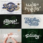 Collage showcasing six stylish font designs: Boston, Maple Peachy, Alloy, Yankees Classic, Mongtar, and Sounding, featuring elegant typography and creative backgrounds.