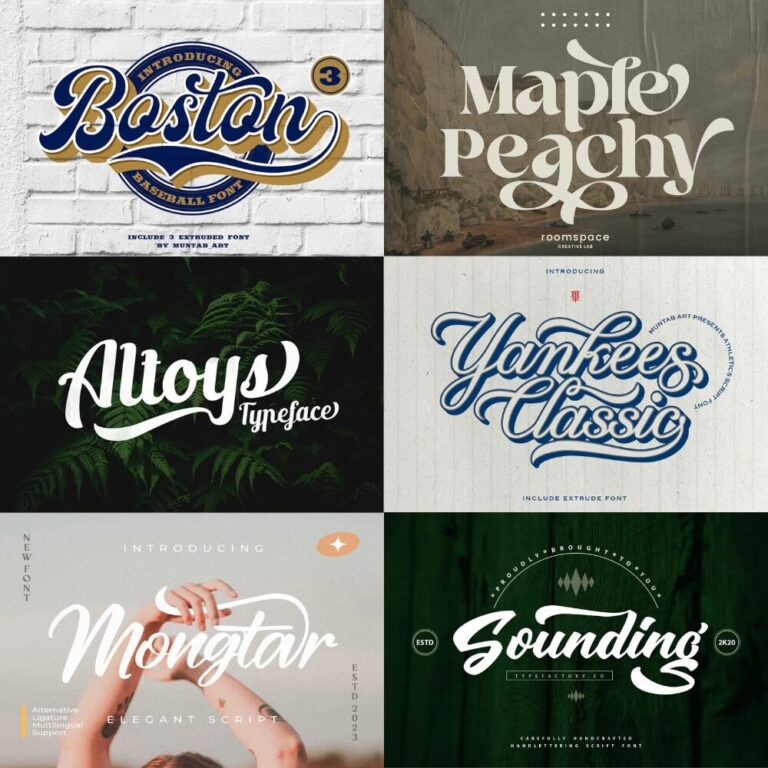 Collage showcasing six stylish font designs: Boston, Maple Peachy, Alloy, Yankees Classic, Mongtar, and Sounding, featuring elegant typography and creative backgrounds.