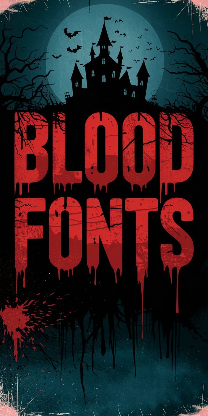 Creepy silhouette of a castle against a full moon, with bats and eerie trees. "Blood Fonts" in dripping red letters below.