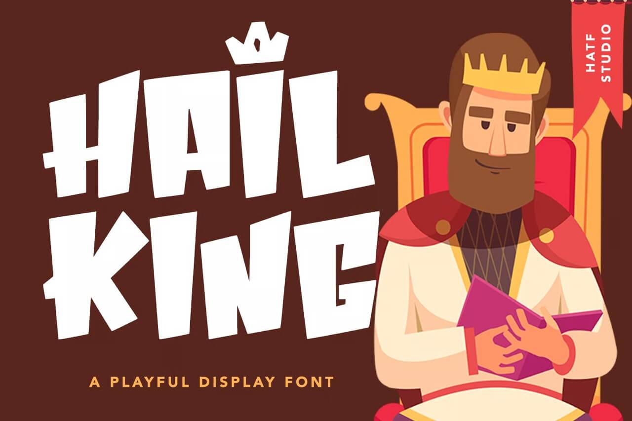 6 Crown Fonts: Royal Symbols 👑 All Creatives Should Know 3 Illustration of a crowned person on a throne holding a book. Text reads "Hail King - A Playful Display Font."