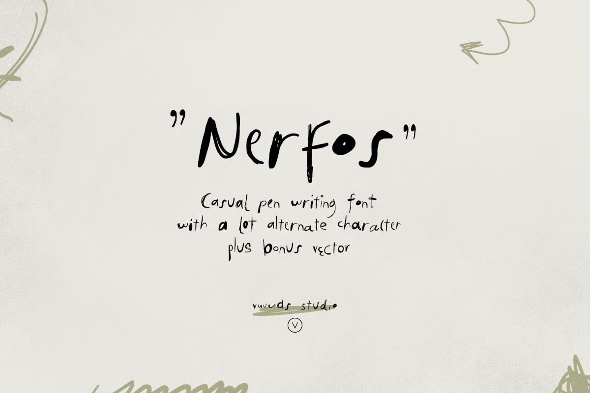 The image showcases "Nerfos," a casual pen-style font with alternate characters and bonus vector, by Vuuuds Studio.