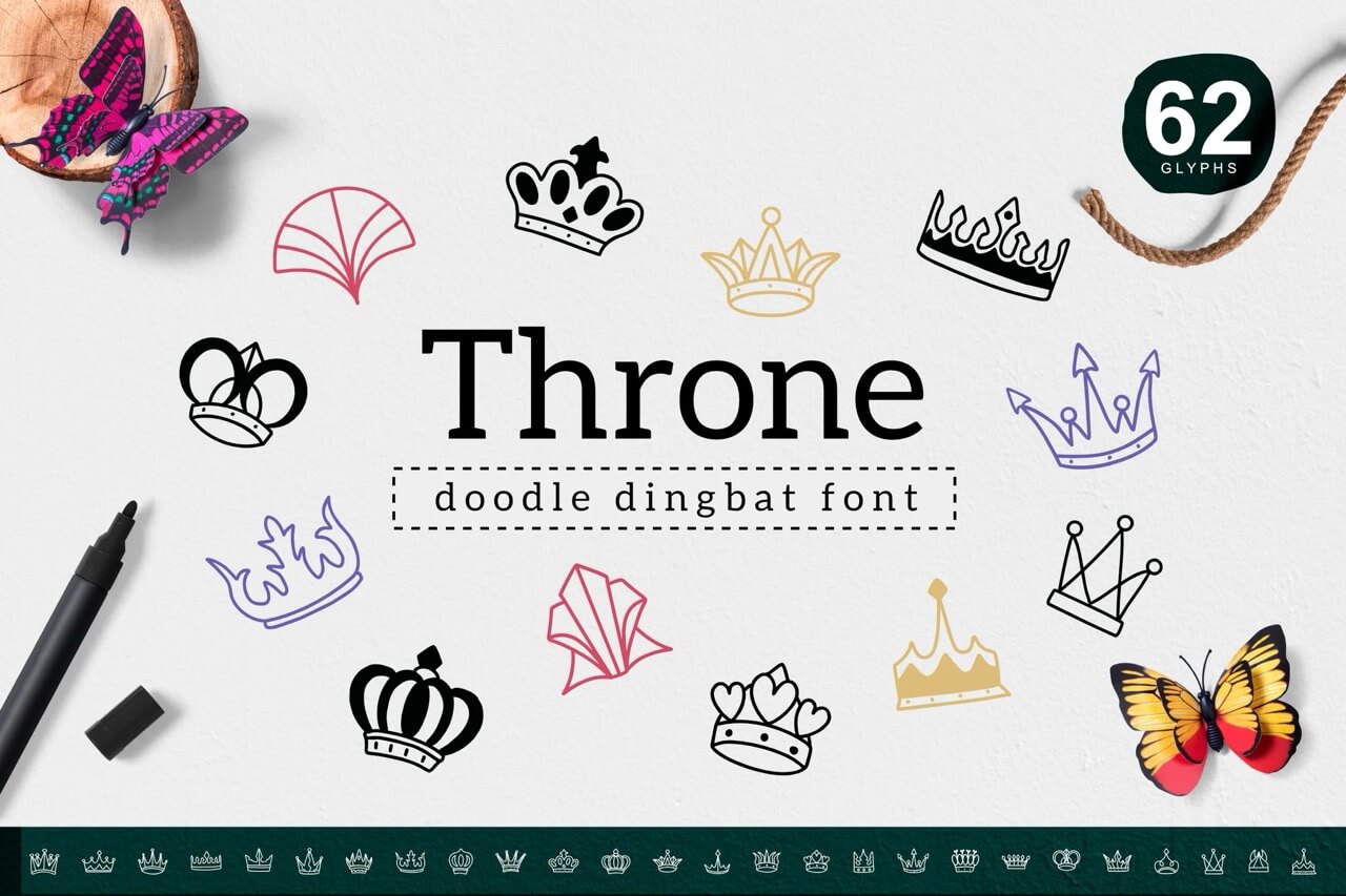 6 Crown Fonts: Royal Symbols 👑 All Creatives Should Know 5 Whimsical crown and butterfly illustrations surround the text "Throne doodle dingbat font," highlighting a creative and playful design theme with 62 glyphs.
