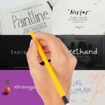 A person holding a yellow pencil over six handwritten font designs including "Paintline," "Nerfos," and "Incis." Various artistic background styles are visible.