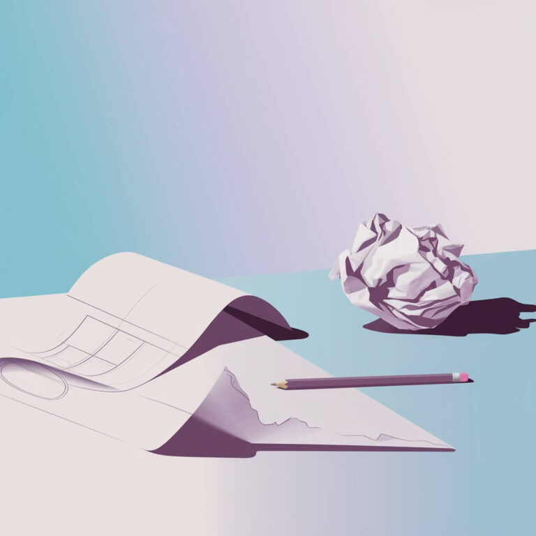 A minimalist illustration of sketches, pencil, and crumpled paper on a multicolored surface, suggesting creative process or brainstorming.