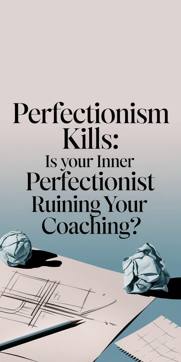 Perfectionism Kills: Is Your Inner Perfectionist Ruining Your Coaching? 2 Text that reads "Perfectionism Kills: Is your Inner Perfectionist Ruining Your Coaching?" with crumpled paper and sketch on a table.
