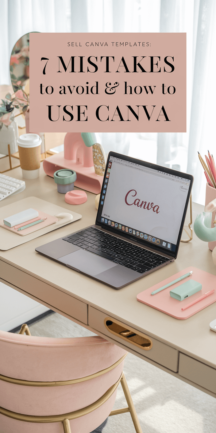 Sell Canva Templates: 7 Mistakes to Avoid & How to Use Canva 2 A stylish desk setup with a laptop displaying "Canva," notebooks, coffee cup, and accessories. Text above gives tips on using Canva effectively.