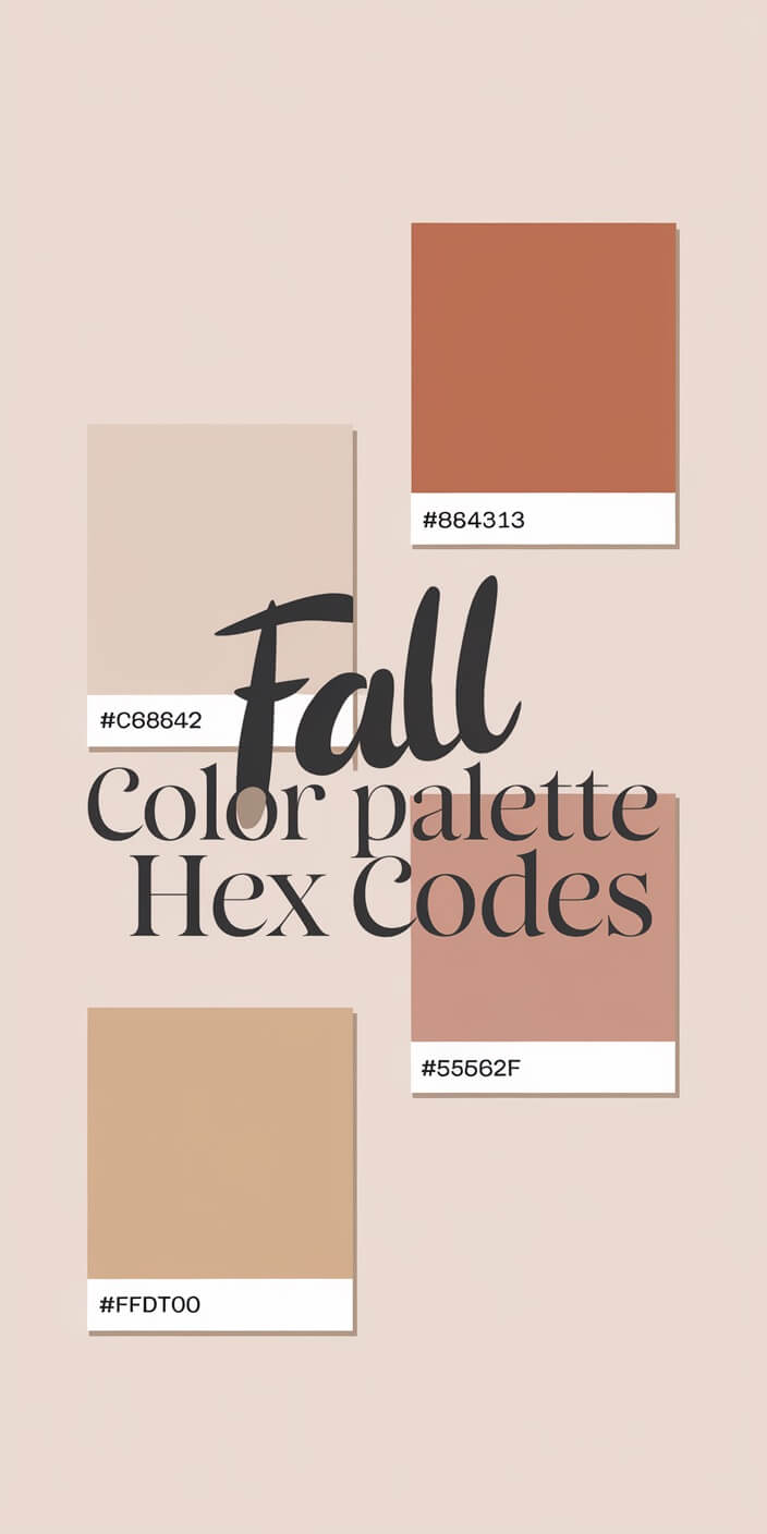 Fall-themed color palette with four hex codes: #C68642, #884313, #FFD700, and #55562F. Text overlay reads "Fall Color Palette Hex Codes."