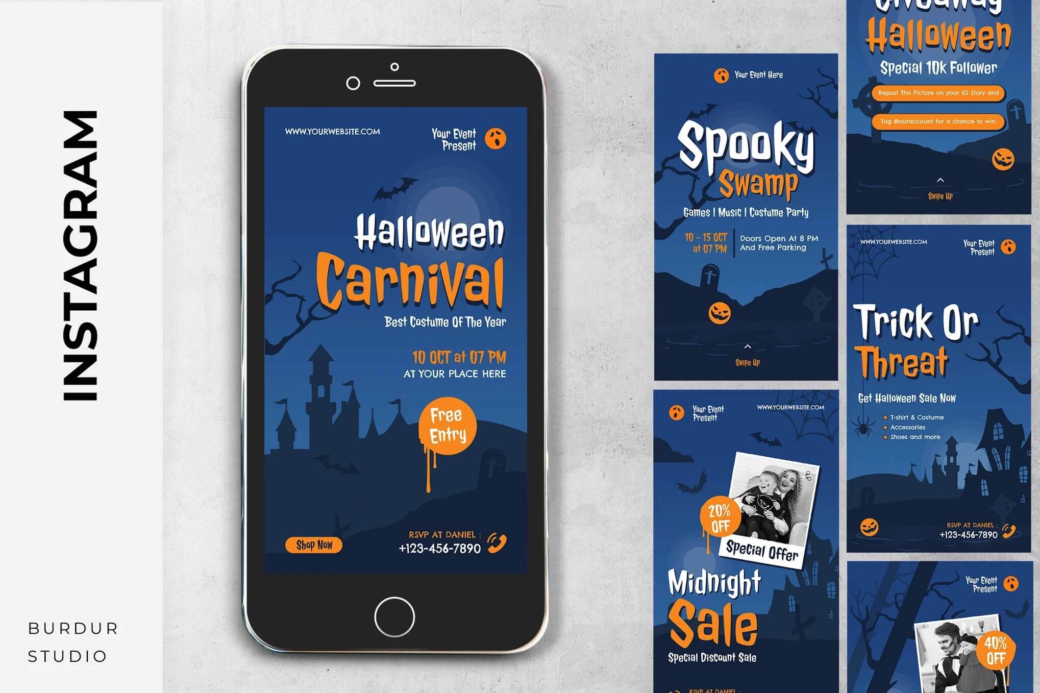 7+ Halloween Instagram Story Template: Spooky & Free Designs 4 Halloween-themed digital flyers showcase events, sales, and promotions. Features include spooky graphics, bats, pumpkins, and contact details. Highlights include a Halloween Carnival with free entry.