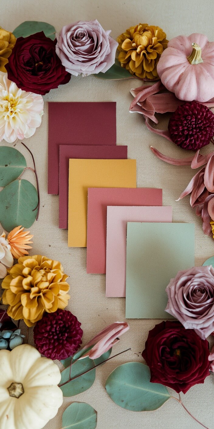Assorted colorful flowers, small pumpkins, and seven color swatches arranged on a beige background, creating an autumn-themed decorative flat lay.
