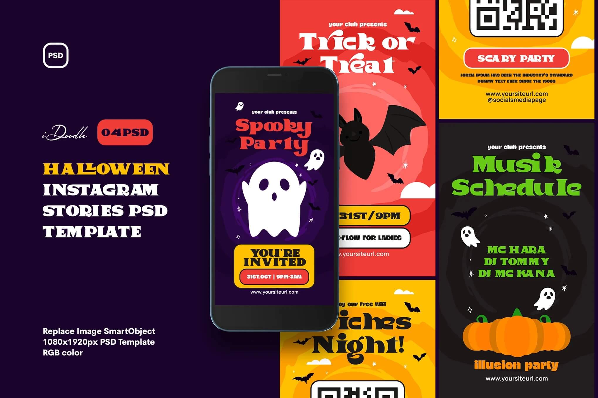 7+ Halloween Instagram Story Template: Spooky & Free Designs 5 Halloween-themed Instagram story templates featuring ghosts, bats, and pumpkins. Includes event details like "Spooky Party" and "Trick or Treat." No landmarks visible.