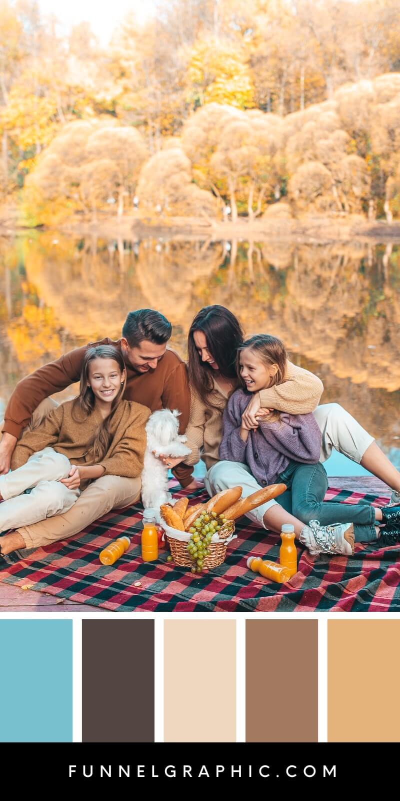 A group enjoys an autumn picnic by a serene lake, surrounded by colorful foliage, with a small dog and refreshments on a blanket.