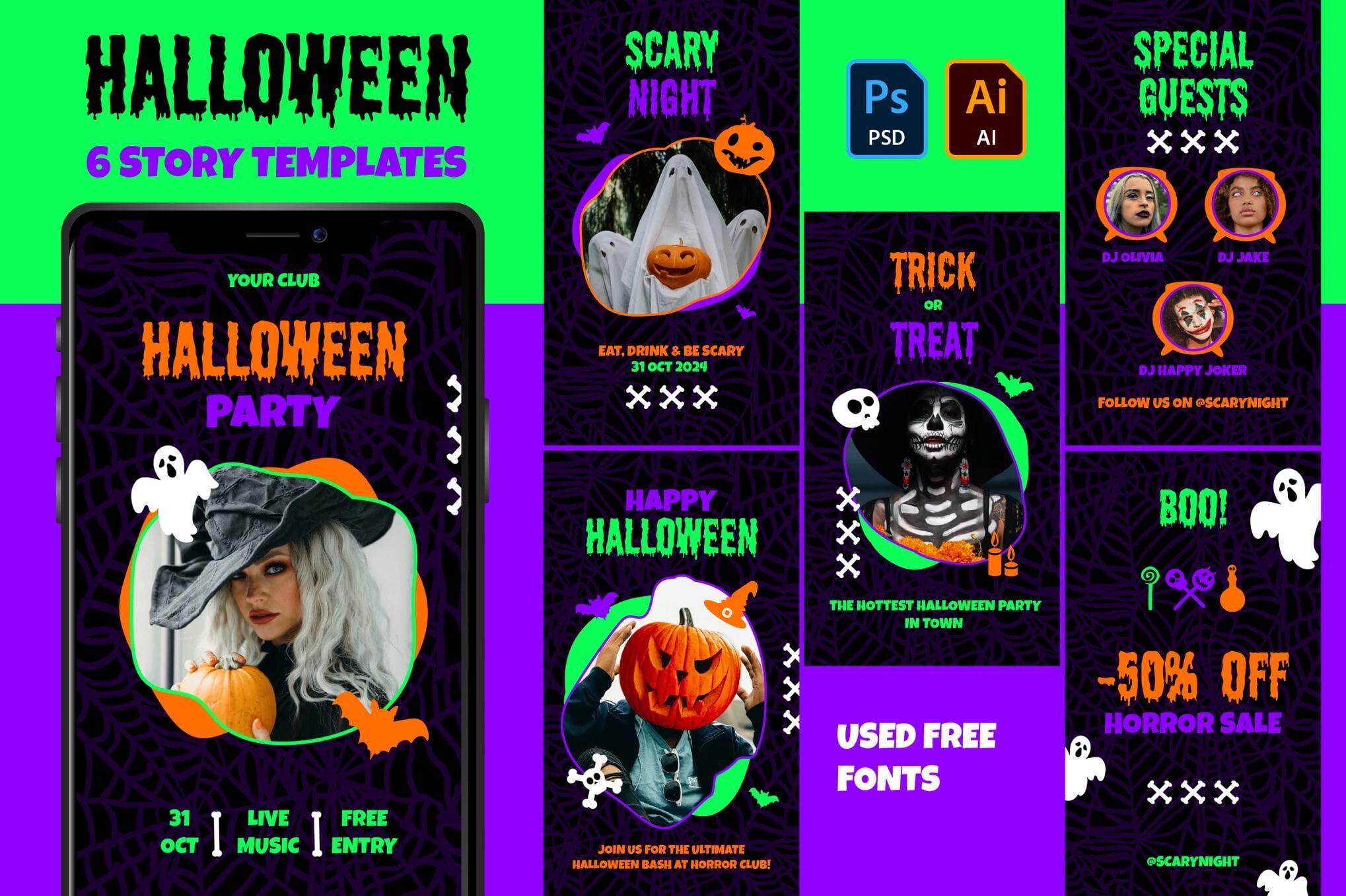 7+ Halloween Instagram Story Template: Spooky & Free Designs 6 Colorful Halloween party promotions with spooky graphics, featuring costumes, pumpkins, and ghosts. Includes event details: live music, free entry, special guests.