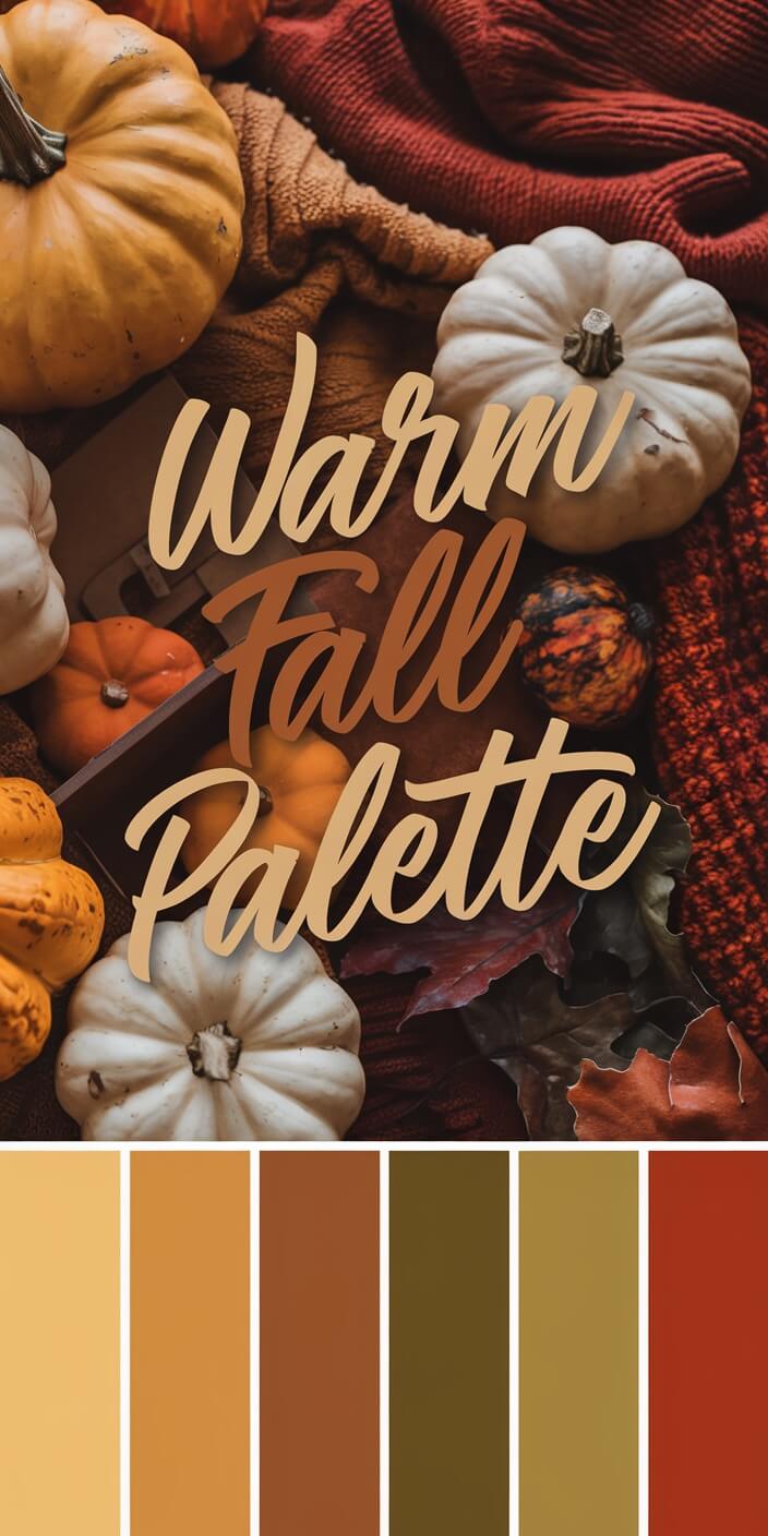 Pumpkins, autumn leaves, and a warm color palette create a cozy fall theme. Text reads "Warm Fall Palette" amidst rich, earthy tones.