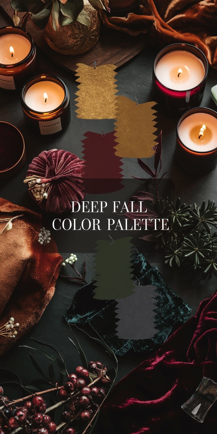 Candles, fabric swatches, and plant elements against dark background create an inviting "Deep Fall Color Palette" showcasing earthy tones and cozy autumn vibe.