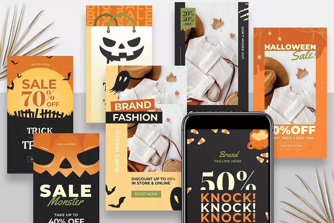 7+ Halloween Instagram Story Template: Spooky & Free Designs 8 Halloween-themed sale flyers featuring pumpkins, bats, and discounts up to 70% off. Includes images of cozy sweaters and festive designs.