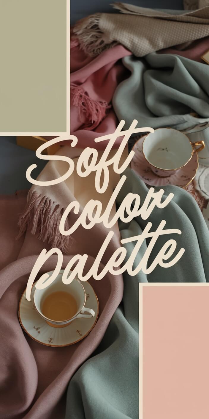 Soft fabrics in pink, beige, and green surround elegant teacups. Text overlay reads "Soft Color Palette," emphasizing the gentle tones and textures.