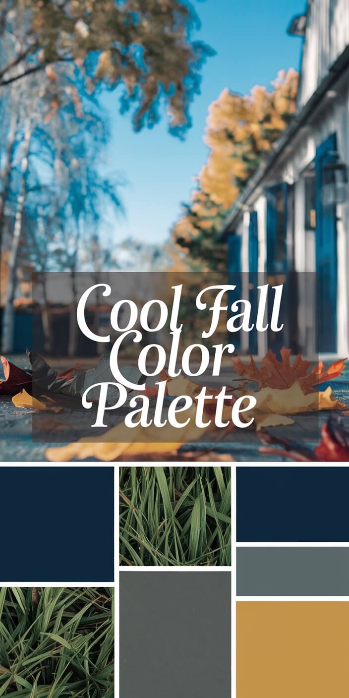 Autumn scene with leaves, blue sky, and a building. Includes a color palette featuring greens, blues, gray, and mustard tones.