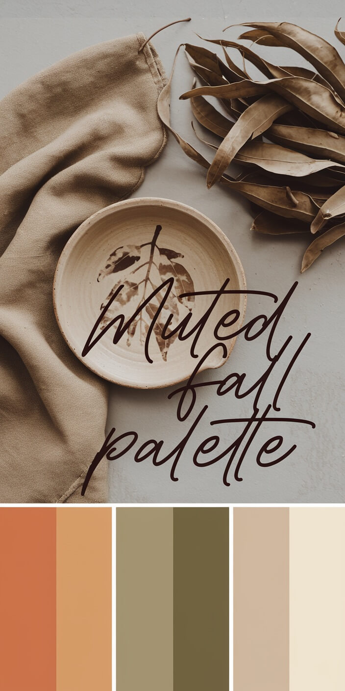 A muted fall palette with earthy tones is displayed. Includes a fabric, leaves, a decorative bowl, and five color swatches.