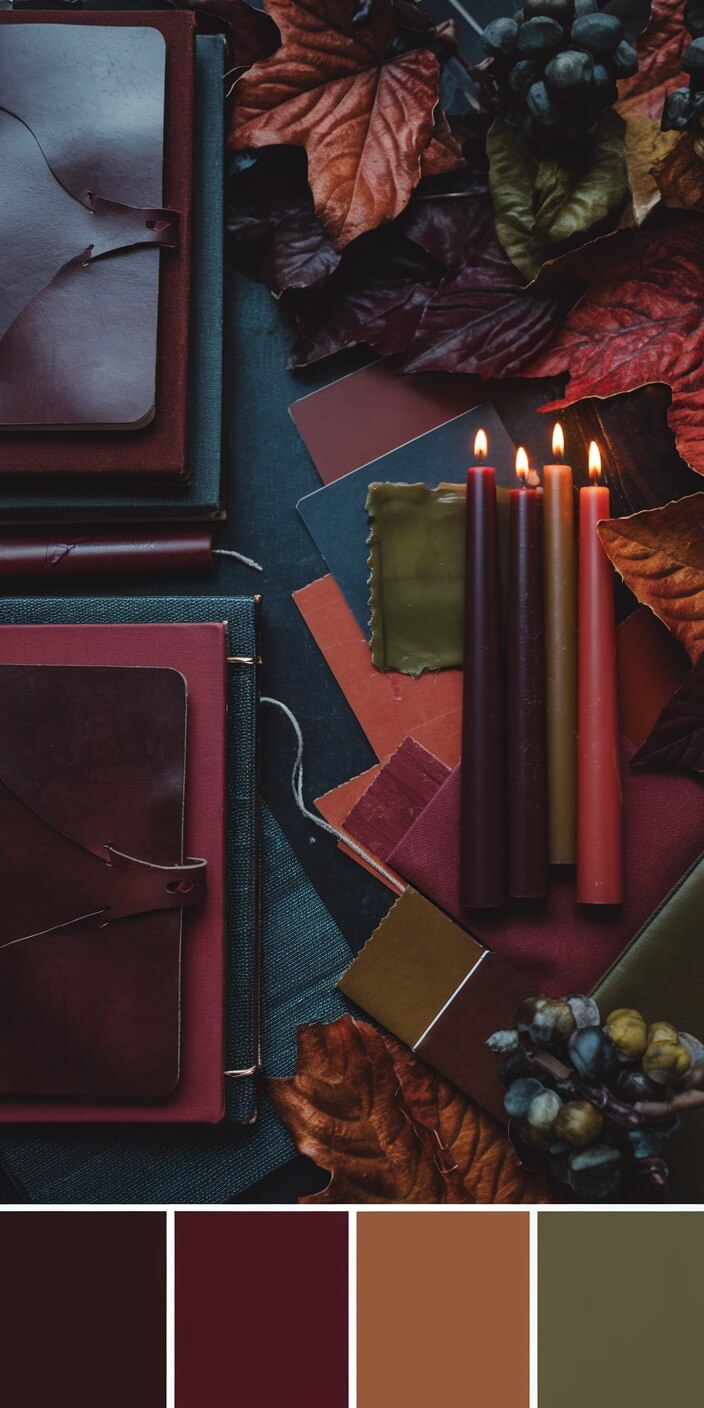 Autumn-themed arrangement featuring leather notebooks, fabric swatches, candles, and dried leaves in warm, muted tones. No recognizable landmarks or historical buildings.