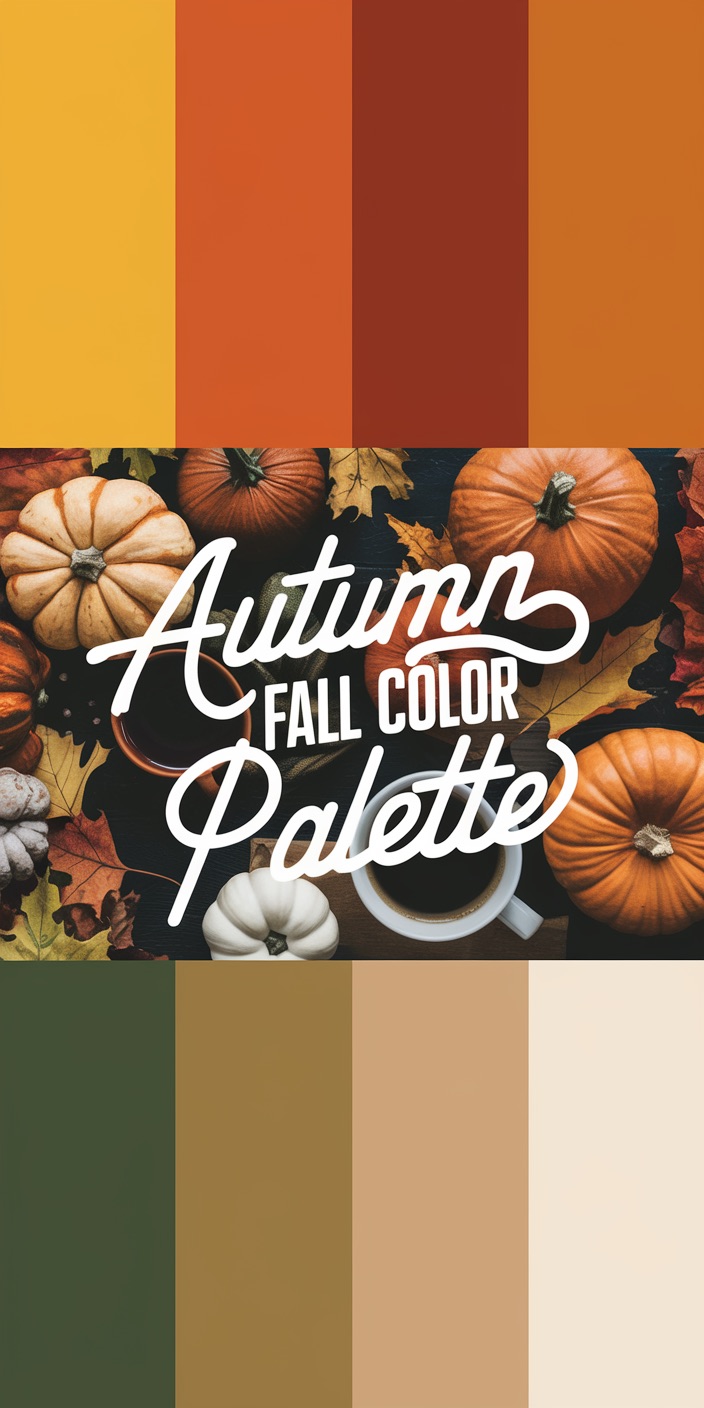 Pumpkins and autumn leaves surround a coffee cup, showcasing an "Autumn Fall Color Palette" with warm seasonal shades above and below.