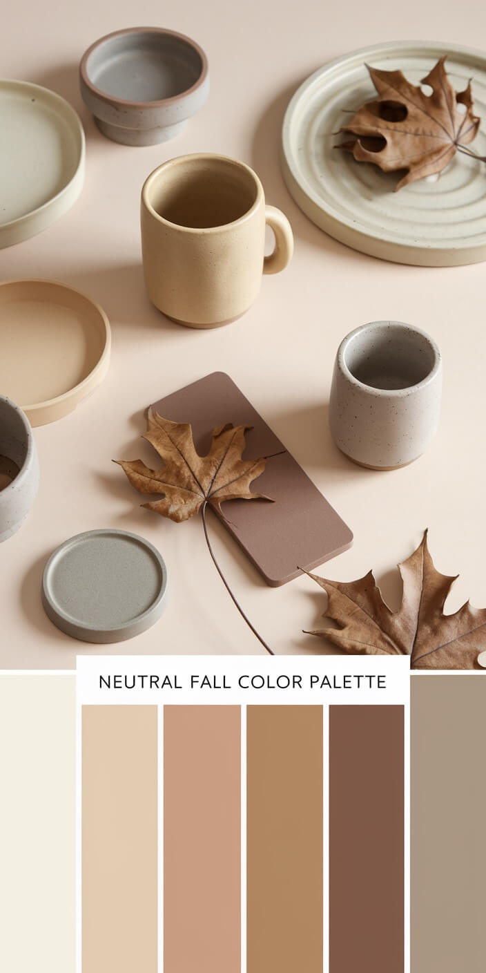 Ceramic tableware and dried leaves arranged in a flat lay. Neutral fall color palette swatches displayed below, featuring earthy tones and textures.