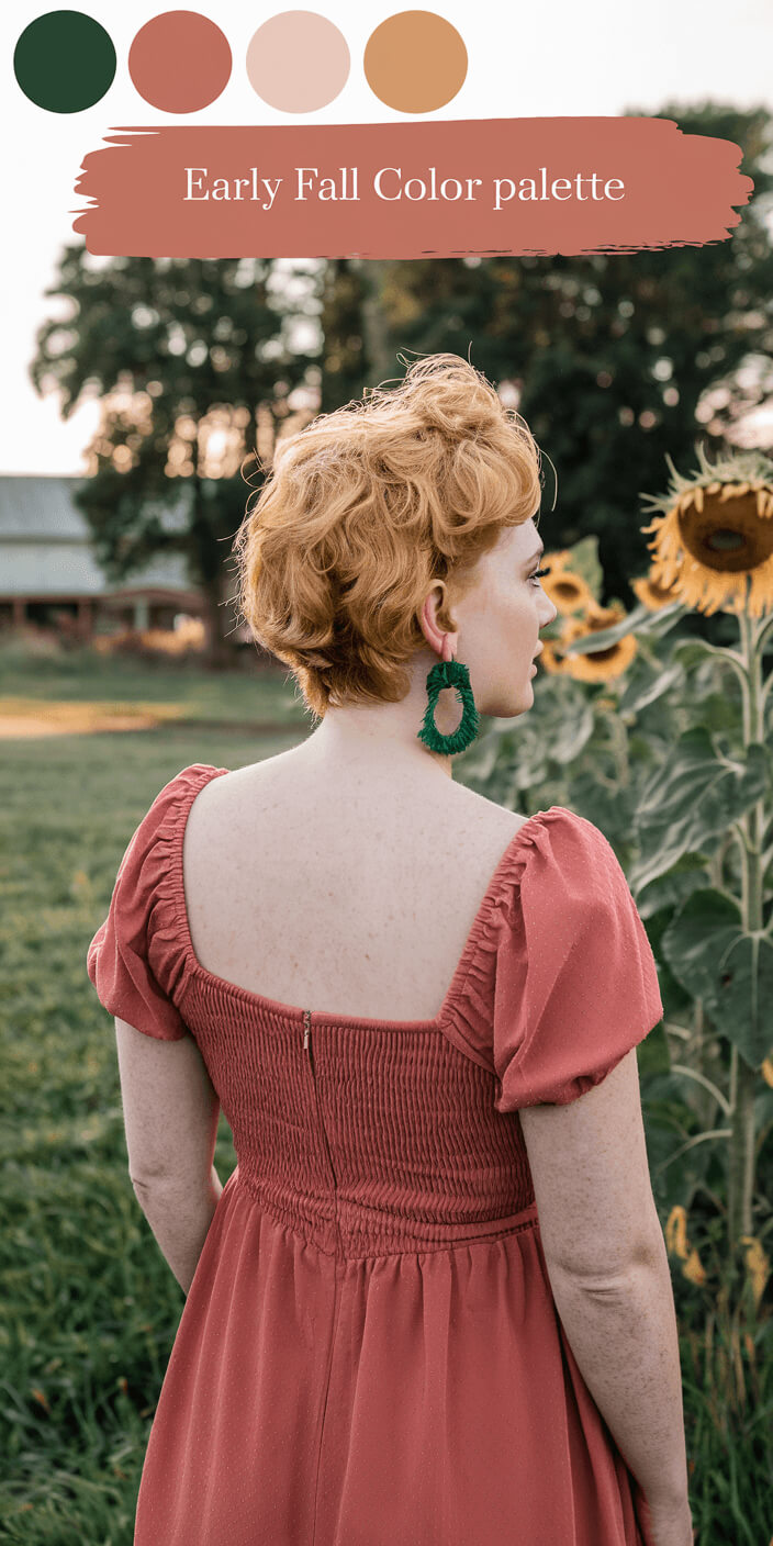 A person in a red dress stands in a field of sunflowers. An early fall color palette is displayed above.