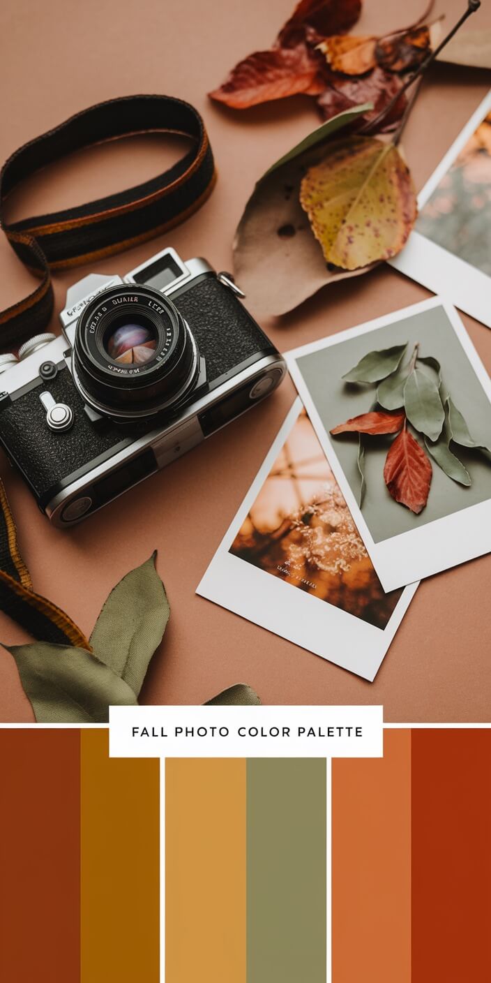 A vintage camera rests alongside fall leaves and photos, featuring earthy tones. A fall photo color palette showcases warm, autumn hues.