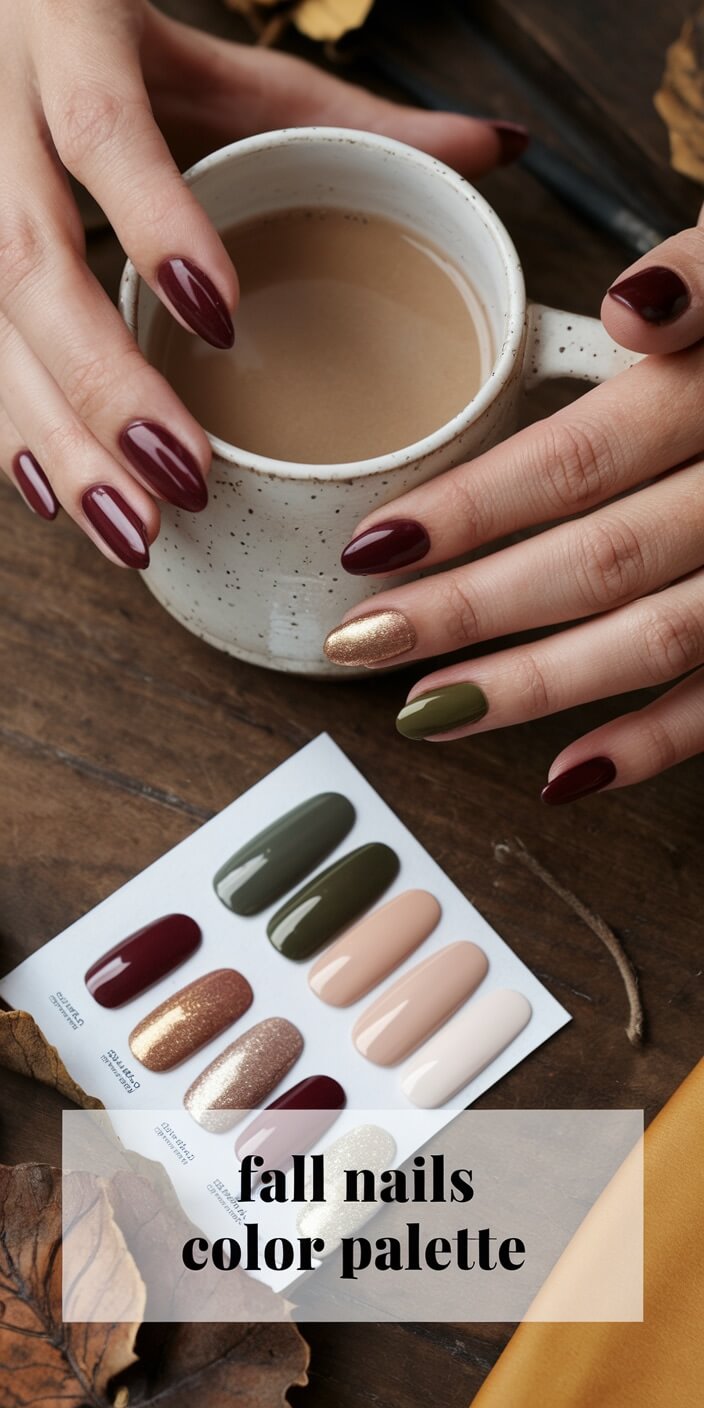 A person with autumn-themed nails holds a coffee cup, showcasing a fall nail color palette on a wooden table with leaves.
