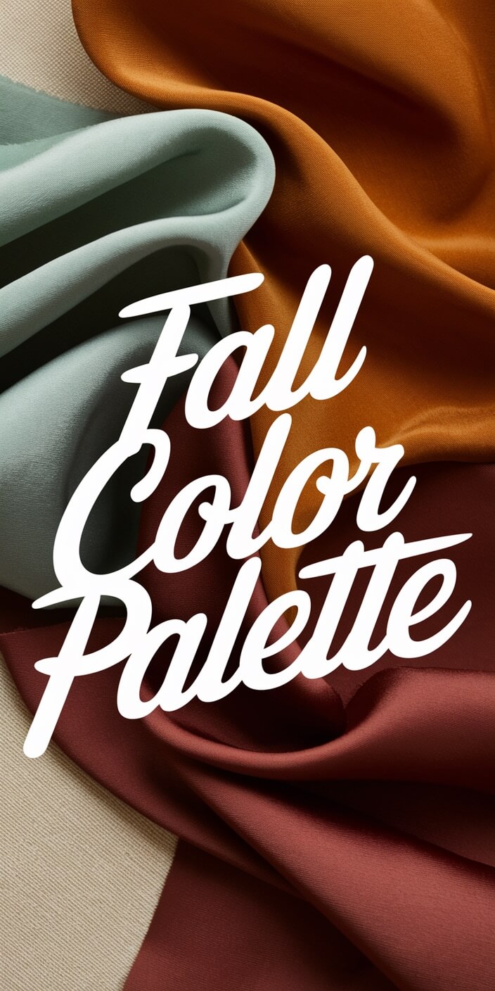 Text "Fall Color Palette" overlays draped fabric in autumn hues—orange, burgundy, and sage green—conveying seasonal warmth and elegance.