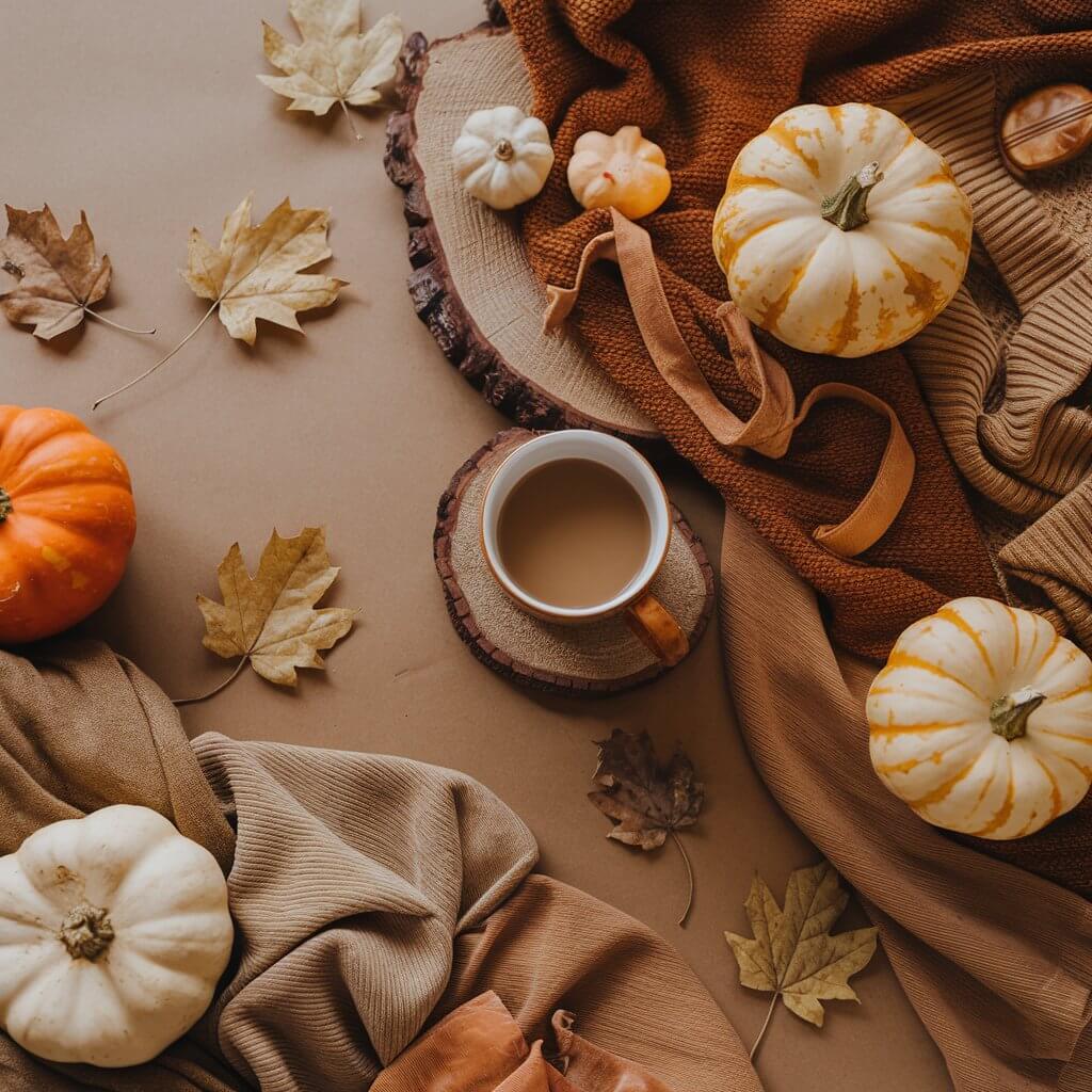 Autumn-themed flat lay featuring pumpkins, fall leaves, cozy sweaters, and a cup of coffee on a wooden coaster, evoking a warm, seasonal atmosphere.