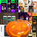 A collage of Halloween-themed templates and graphics, featuring pumpkins, spooky designs, and invitation text, with a glowing carved pumpkin in the center.