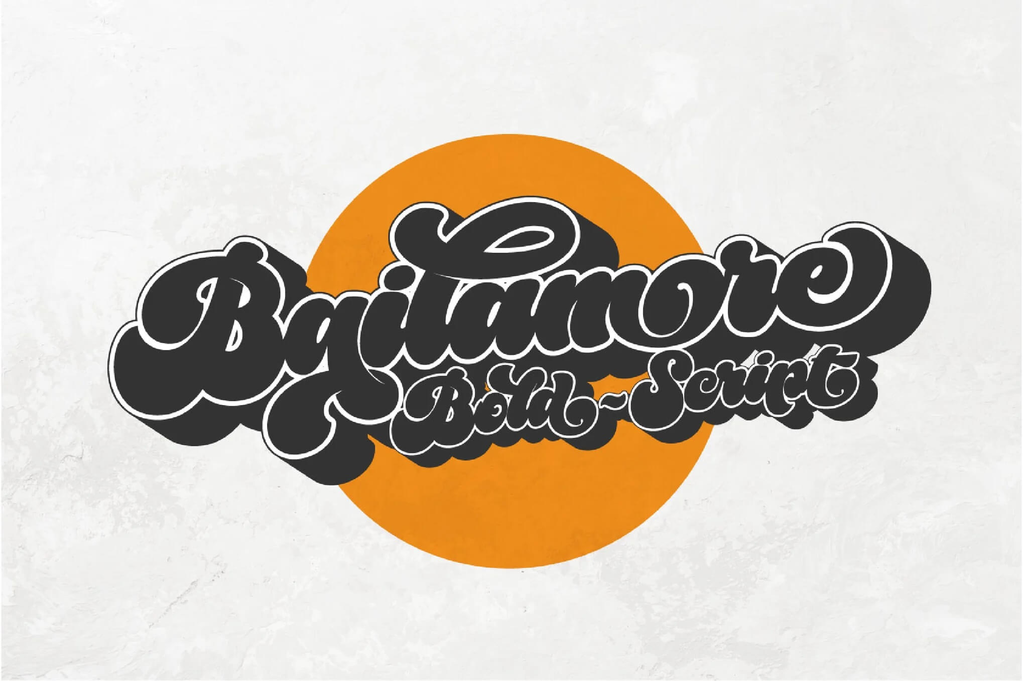 Stylized script text reads "Bailamore Bold-Script" in black and white, set against an orange circle on a textured white background.