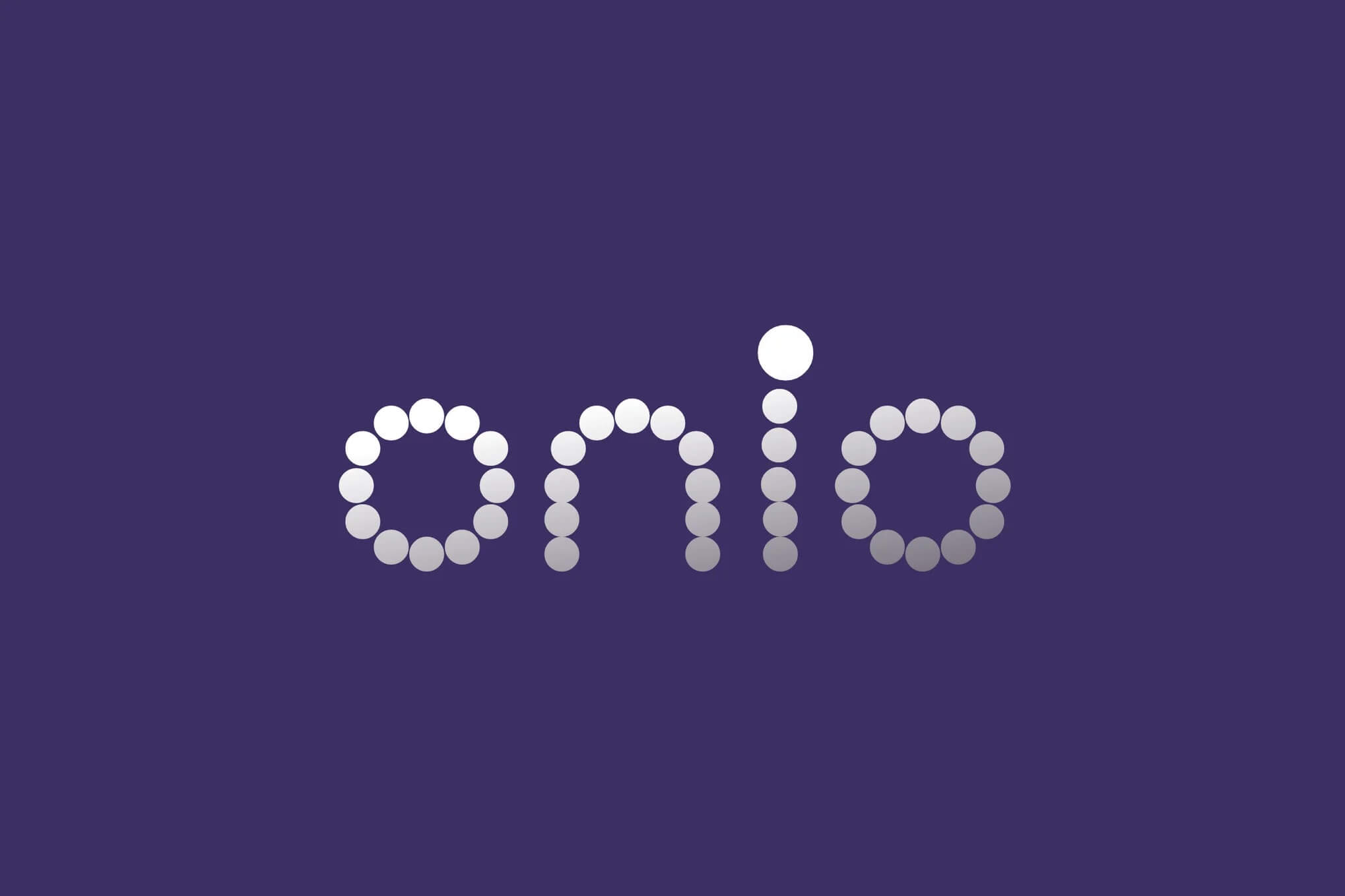 A purple background featuring "onio" text in circular, white dots forming each letter, creating a modern, minimalist design.
