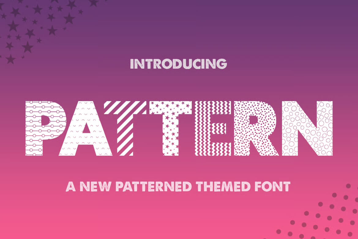Vibrant purple-pink gradient background displaying the word "PATTERN" with various designs. Text below says, "A new patterned themed font."