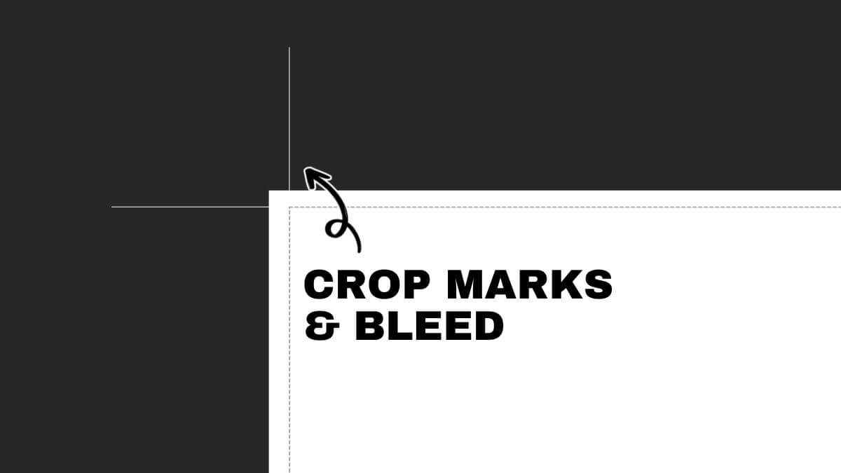 Text in bold reads "CROP MARKS & BLEED" on white background with a black corner, showcasing print layout guidelines.