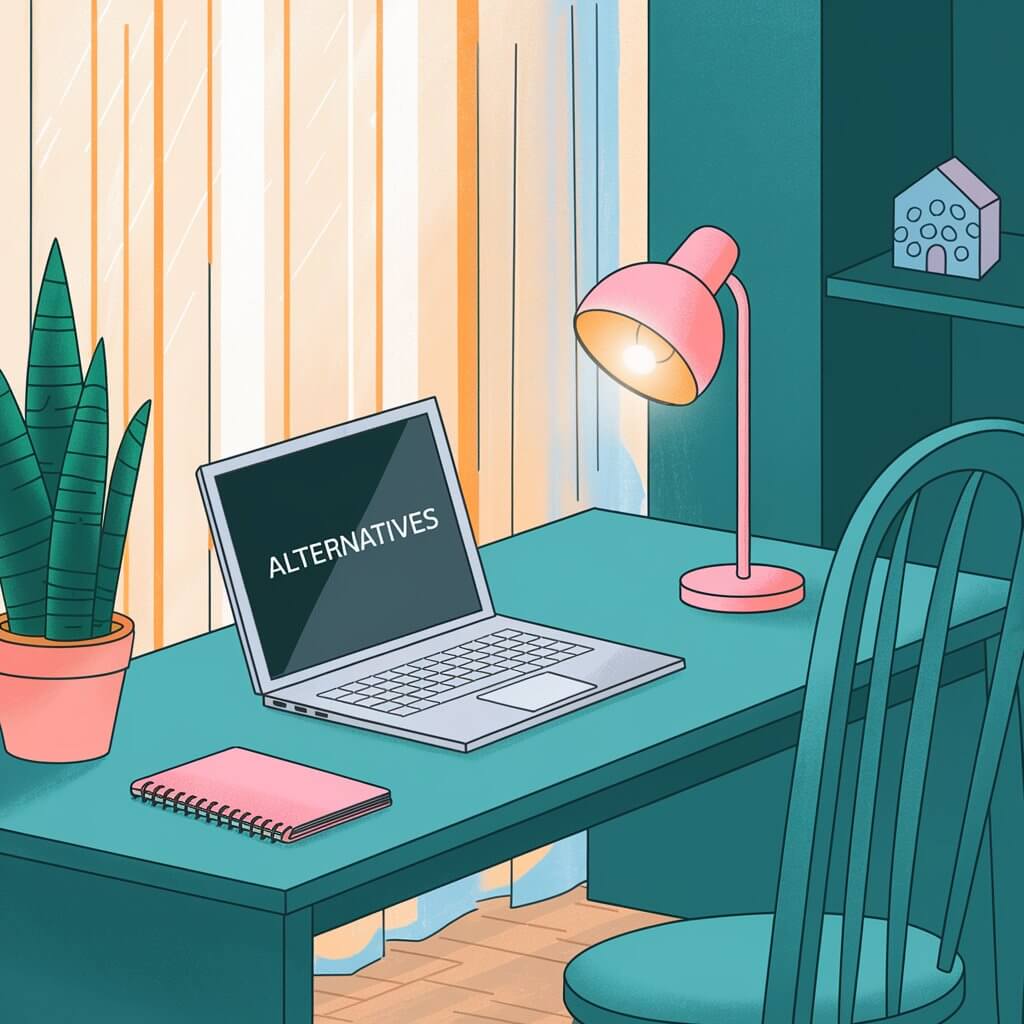 A workspace features a laptop displaying "ALTERNATIVES," a pink lamp, a notebook, a potted plant, and shelves with decorative items.