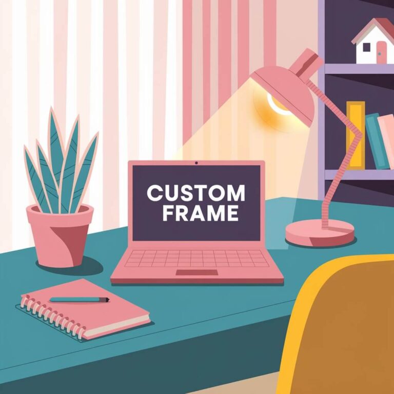 A modern workspace features a pink laptop, desk lamp, potted plant, and notebook. Books and a model house adorn the shelves.