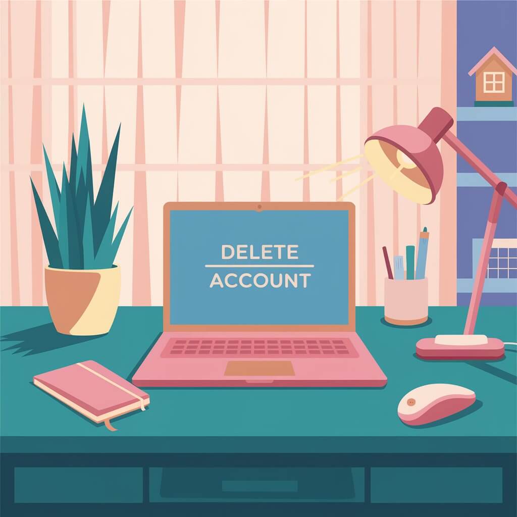 A laptop on a desk displays "DELETE ACCOUNT." Nearby are a lamp, plant, notebook, mouse, and pen holder, creating a cozy workspace.